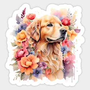 A golden retriever decorated with beautiful watercolor flowers Sticker